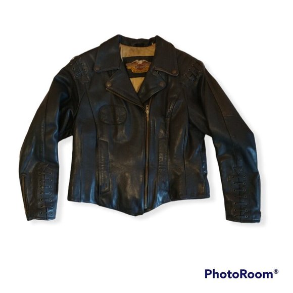 Women's 40/12 (Large L) Harley-Davidson Leather Jacket Raised Yellow Rose - Picture 4 of 11